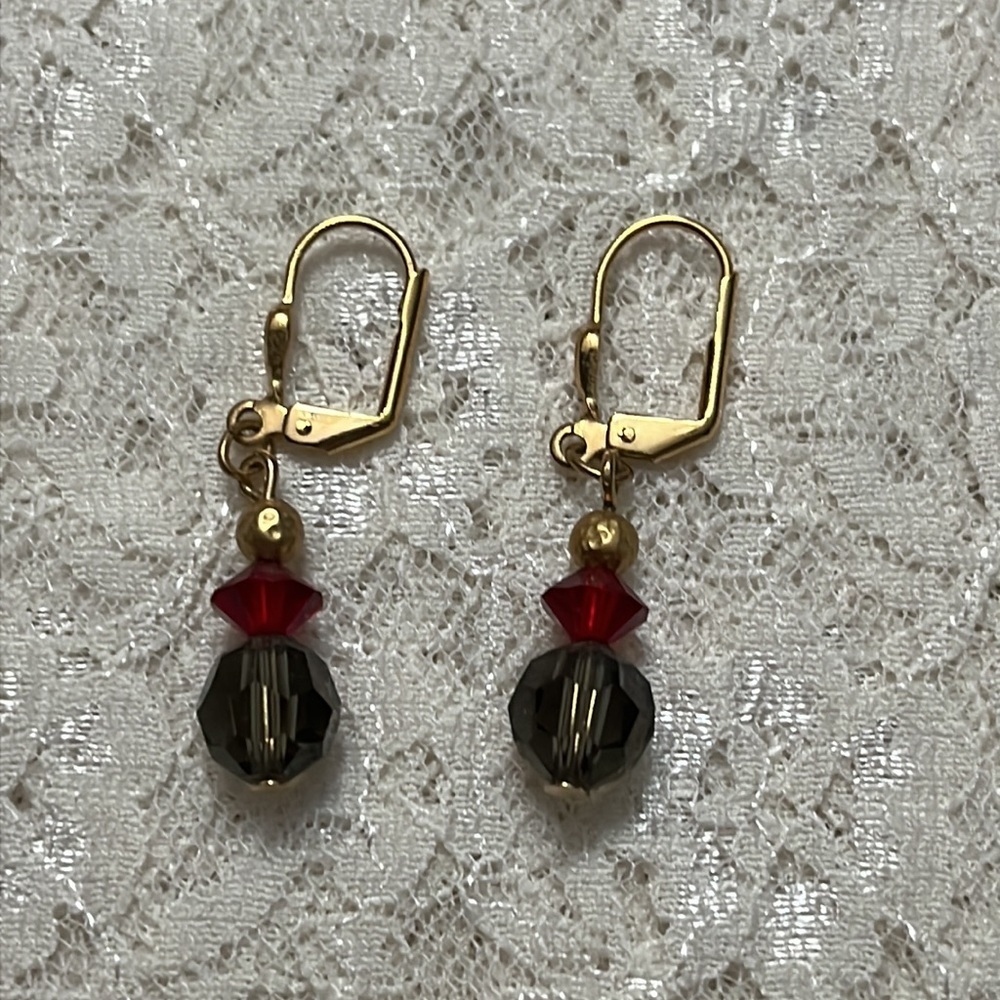Napier/vintage gold with blue and red glass beads drop earrings